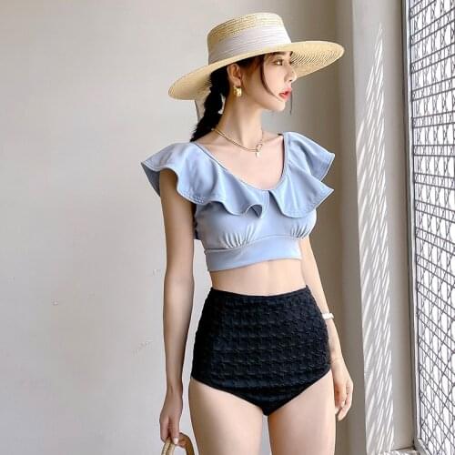 2021 Korean Style Bikini Set Women Biquini Suit Two Pieces Swimwear Solid Swimsuit Sexy Ruffles V Neck Beach Suit