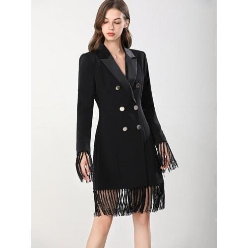 2021 Spring Autumn European New Womens Fashion Design Trendy High Waist Suit Collar Long Sleeve Tassel High Street Black Dress