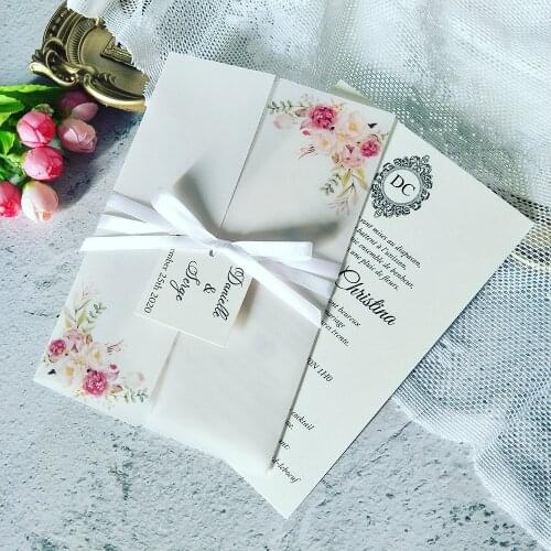 50pc Spring Flower Print Vellum Wrap for Wedding Invitations with White Ribbon and Tag DIY Transparent Bridal Show Invites