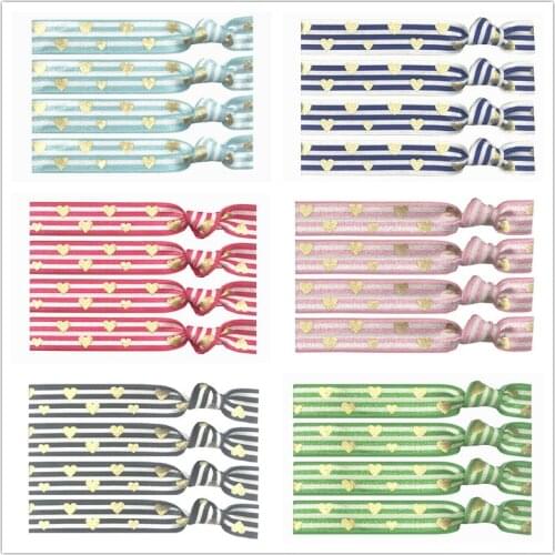 6 Colors 30pcs Gold Heart Stripe Prints Elastic Hair Band Knotted Hair Tie Bracelet Bangle FOE Ponytail Holder Hair Accessories