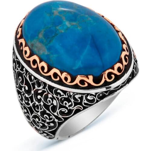 925 Sterling Silver Ring For Man Real Pure Turquoise Agate Stones High Quality Handmade Turkish Jewelry