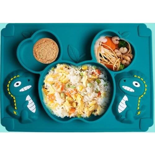 Baby Training Feeding Food Bowl Anti Slip Cartoon Dinosaur Silicone Suction Divided Plate Tray Utensil BPA-Free Dishes