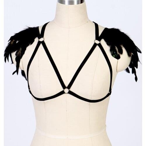 Black Goth Feather Body Harness Epaulettes Adjust Cape bra Lingerie Straps Bondage shoulder burningman burlesque festival rave