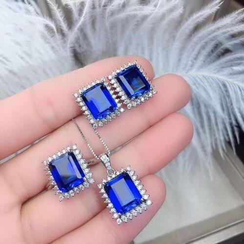 Real Natural Sapphire jewelry set Natural Real Sapphire 925 sterling silver 1pc pendant,1pc ring,2pcs Earring
