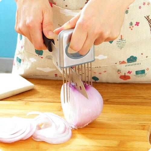 Stainless Steel Kitchen Gadgets Easy Onion Holder Slicer Vegetable Tools Tomato Potato Cutter LX8613