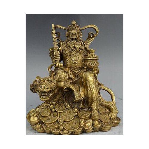 Folk Chinese Brass Myth Ride Tiger Mammon Money Wealth God Zhao Gongming Statue