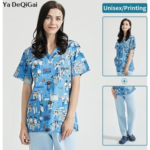Cartoon printing Pet grooming uniforms beauty salon workwear scrubs tops costume suits women wholesale Dustproof spa uniform new