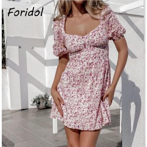 Retro Square Collar Vintage Dress Women Backless Summer Boho Beach Dress Flower Print Mini Dress 2021 Short Sleeve Vestidos