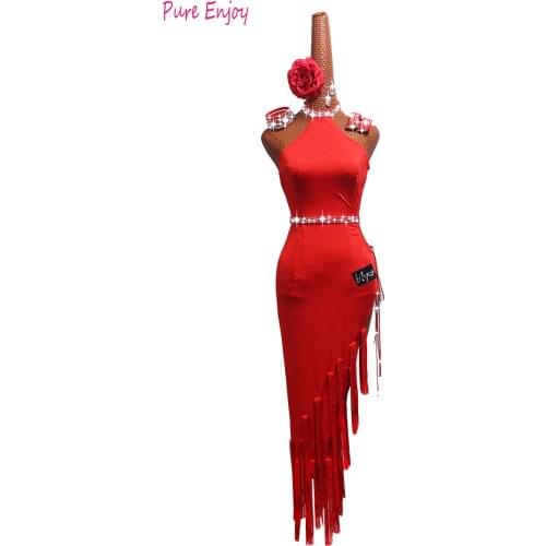 Custom made Latin Dance Costume performance dress Latin dance skirt red tassels Skirt Adult Children shining diamond Dance dress