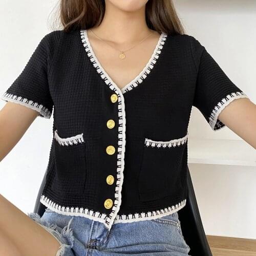 2021 Summer Short Sleeve Women T-Shirt Knitted Crop Tops Slim Sexy Korean Fashion Button T-shirts Womens Clothing Vetement Femme