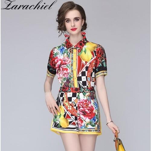 2021 Summer Fashion Rose Floral Shorts Suit Womens Short Sleeve Colorful Flower Print Shirts Top + Pocket Shorts 2 Piece Set