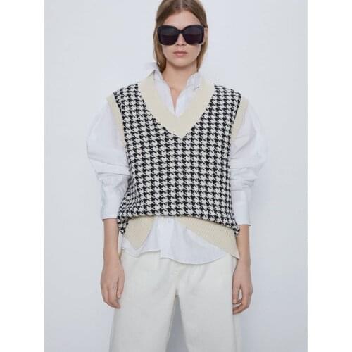 Spring Autumn Womens Korean Color Matching Houndstooth V-neck Sweater Vest Loose Sleeveless Knit Vest Waistcoat Woman Fashion