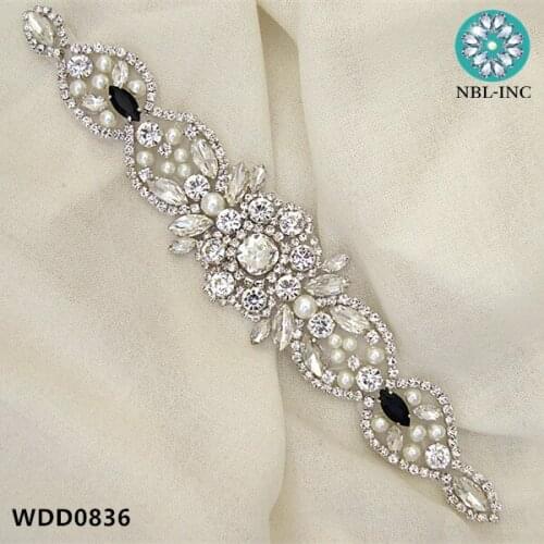 30PCS )Wholesale bridal hand beaded sewing crystal rhinestone sash applique iron on for wedding dresses WDD0836