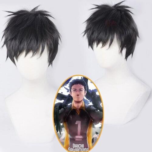 Anime Haikyuu! Daichi Sawamura Cosplay Short Black Wig Heat-resistant Fiber Hair + Free Wig Cap Halloween Party Role Play Adults