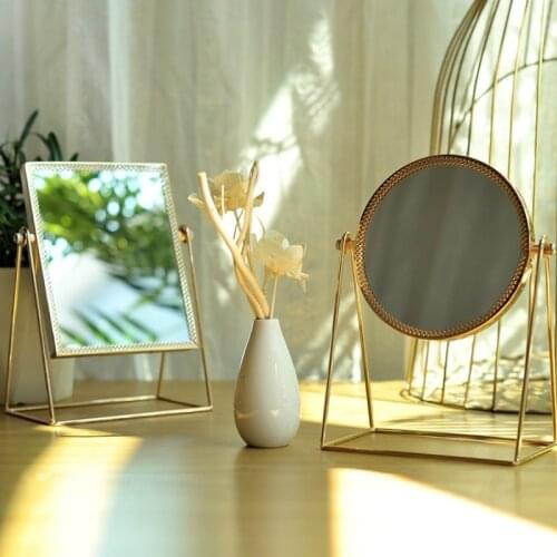 Free Shipping LB10281 European metal gold home desktop mirror Light luxury retro square round mirror designer dormitory
