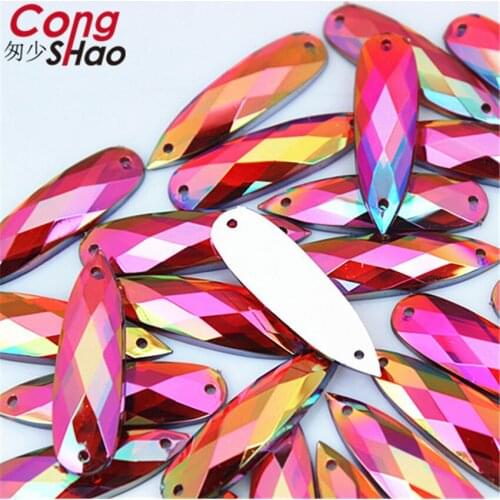 Cong Shao 50pcs 8*28mm AB Color Acrylic Rhinestone trim Crystals stones flatback Long Drop sewing 2 Hole DIY Wedding dress ZZ436