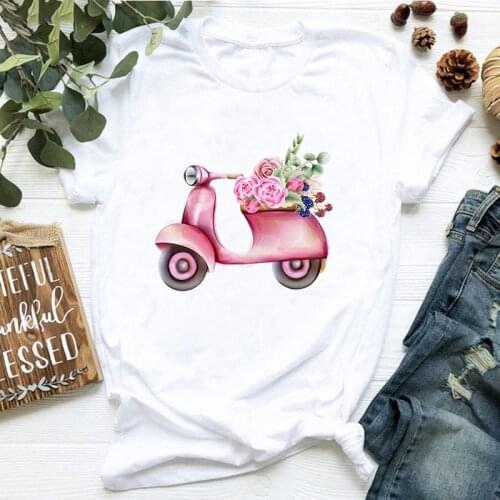 Round Neck Short-sleeved Tshirt Summer T-shirt Fashion T-shirt Casual T shirt Aesthetic Flower Pink Electric Car Tshirt Lady