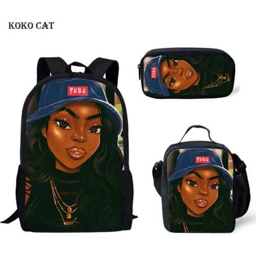 KOKO CAT Black Women Art African Girl Printing School Bag for Kid Bag Bagpack Children 3pcs/set Schoolbag Primary Satchel Mujer