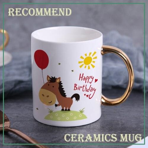 Creative Cute Happy birthday mug Gold handle Ceramic coffee mugs Tea Milk Beer Mug Water Cup Drinkware Gift Cup KTDW-005