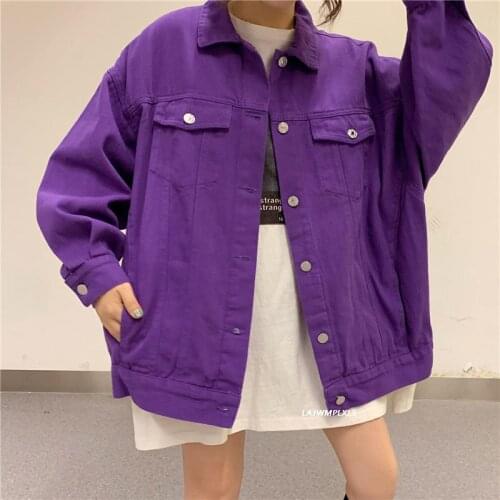 Candy Colors Purple Orange Single Breasted Tops Denim Jacket For Women Casual Ladies Bomber Basic Loose Chic Jeans Coat Outwear