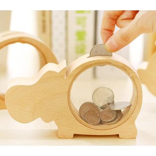 Fashion Transparent wood animal design piggy bank coin box 15*9*3cm