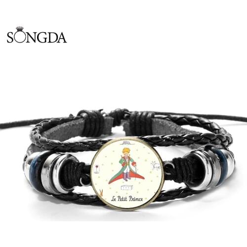 Fashion ItemsThe Little Prince Woven Leather Bracelet Set Cartoon Photo Glass Cabochon Charm Bracelet Fairy Tale Jewelry Gift