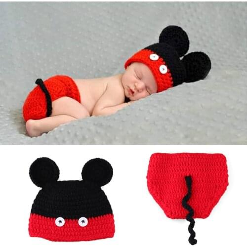 Newborn Girls Mickey Designs Photography Props Crochet Baby Cartoon Hat Diaper Set Knitted BABY Coming Home Outfits MZS-14106