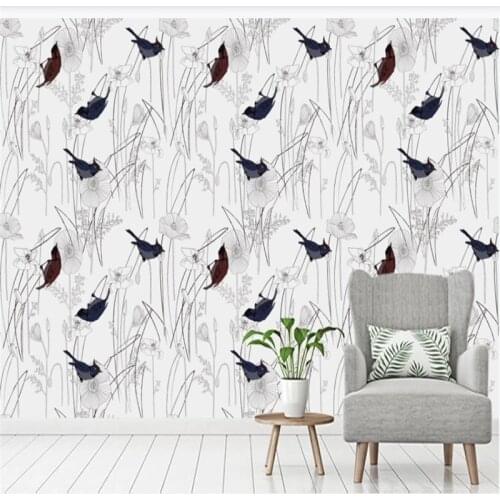 XUE SU Custom large wallpaper wall Nordic modern leaves hand-painted flowers and birds living room interior decoration painting