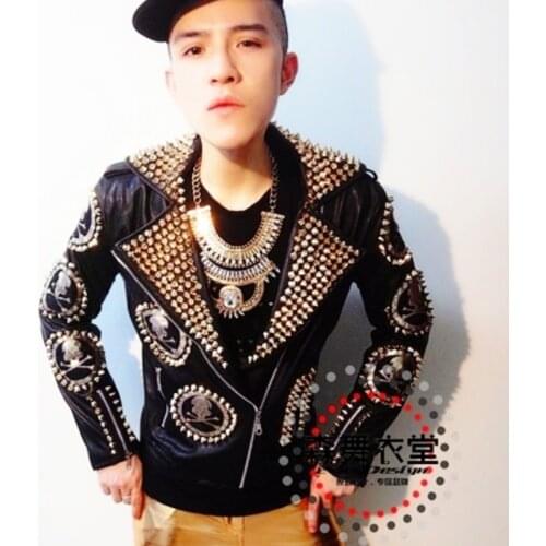 2020 Men New Fashion Slim Jackets Dj Male Skeleton Head Rivet Motorcycle Leather Jacket Plus Size Coat Costume Singer Costumes
