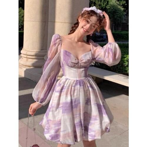 New Sunset Princess Backless Puffy Flower Bud Long-Sleeved Purple Bow Holiday Girl Lantern Sleeve Printing Dress