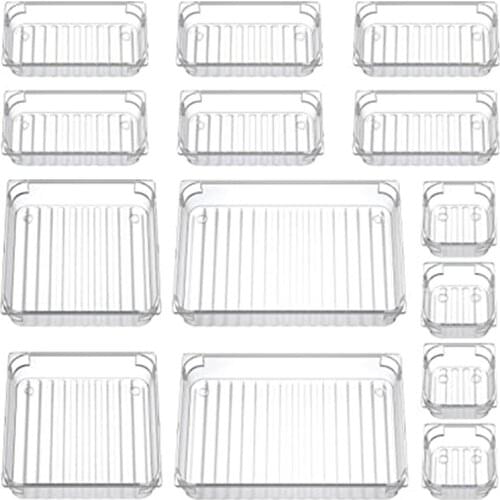 14 Desk Drawer Organiser Trays, Clear Vanity Drawer Dividers Makeup Cosmetic Organizers for Bedroom Kitchen Office