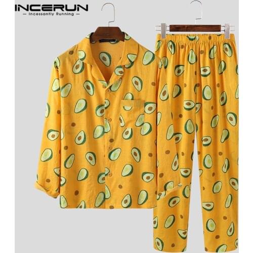 Men Pajamas Sets Fruit Printed Long Sleeve Cozy Homewear Nightwear Pants Button Leisure Soft Sleepwear Sets 2 Pieces INCERUN 7