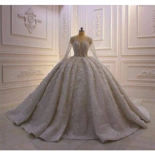 Luxury 3D Floral Appliques Ball Gown Wedding Dresses Sheer Neck Long Sleeve Lace Sequins Bridal Gowns Sweep Train Wedding robes