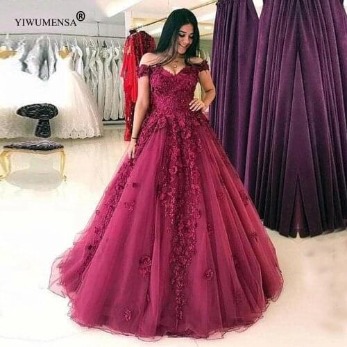 YIWUMENSA Short Sleeves Off The Shoulder Lace Appliques Evening Dress 2020 Sweep Train Princess Ball Gown Prom Party Dresses