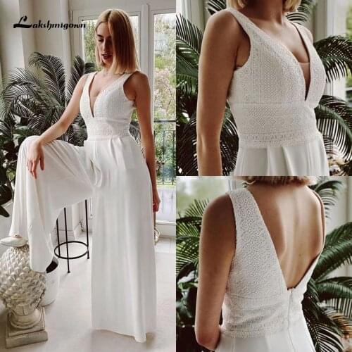 2021 Lace Jumpsuit Wedding Dresses White Wedding Jumpsuit Beach Wedding Dresses v neck Boho Bridal Gowns Vestido De Novia