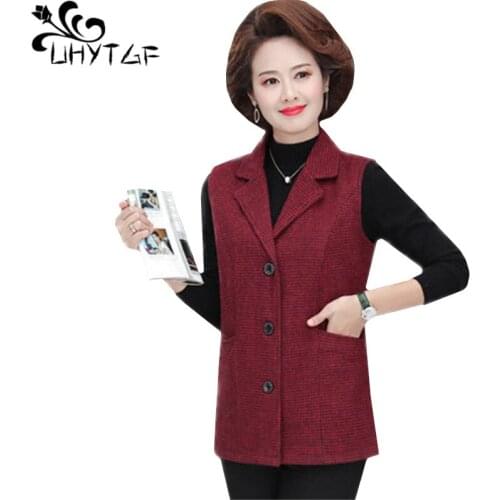 UHYTGF 5XL Plus Size Vest For Women Fashion Plaid Woolen Spring Autumn Waistcoat Jacket Sleeveless Lapel Elegant Female Top 1097