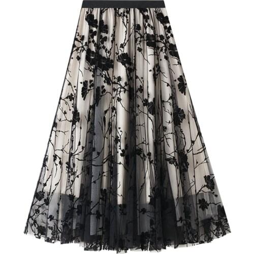 2021 Spring Korean Floral Skirt QZ0245 Women Black Blue Apricot High Waist Tulle Long Skirt