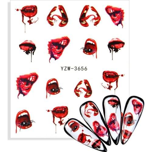 2021 NEW Halloween Nail Sticker Water Self Adhesive Nail Art Tattoo Big Lips Palms Devil Wizard Decals for DIY Decor Wraps