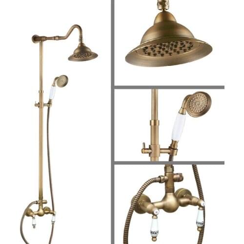 Antique Brass Wall Mounted Bathroom Rain Shower Faucet Shower Head Set Mixer Tap Dual Ceramic Handles Levers man510