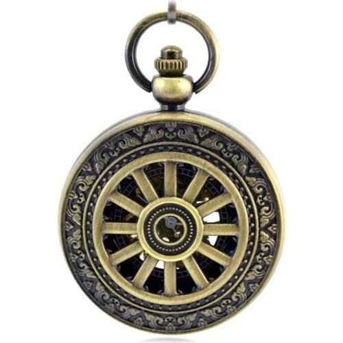 Antique Red Cross Bronze Retro Automatic Mechanical Pocket Watch Mens Watch Hollow Key Chain Clock Pendant Reloj de Bolso Saat
