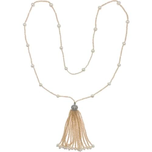 Long Necklace 2mm Crystal Tassel Pendant Stainless Steel Cubic Zirconia Crown Cap White Freshwater Pearl For Girls Women 32 Inch