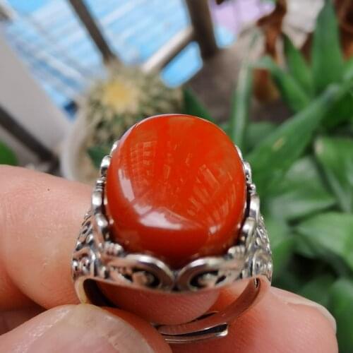 1pcs Wholesale Natural Agate South Red Ring S925 Sterling Silver Inlaid Adjustable Size Comfortable RetroMans Womans Jewelry