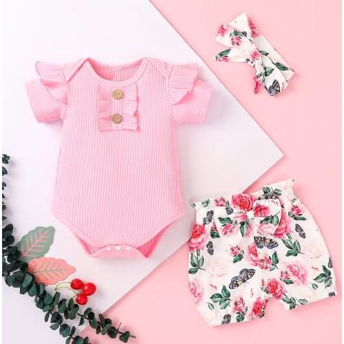 2021 Infant Short Sleeve Romper + Shorts + Bow Hair Ornament, Flower Print Ruffle Decoration Clothing