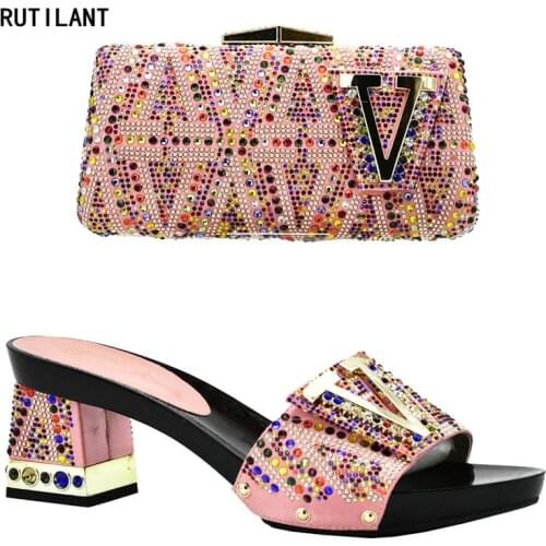 New Fashion Shoes and Bag Set African Sets 2018 Italian Ladies Shoe and Bag Set Decorated with Rhinestone Nigerian Shoes and Bag