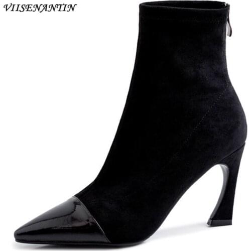Pointed Toe Fashion Wineglass High Heel Elastic Back Zip Flock Short Socks Boots Patent Leather Color Block White Shoes Women