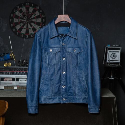 Vintage Blue Genuine Leather Jacket Men 100% Natural Cowhide Coat Autumn Spring Asian Size M-4XL Drop shipping Wholesale