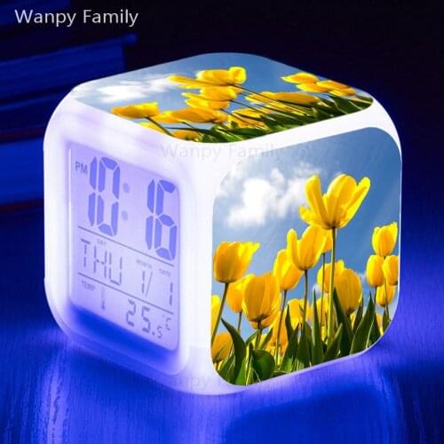 New Hot Sell Yellow Tulips Alarm Clock Glowing LED Color Change Digital Alarm Clock For Kids Birthday Gift Multifunction Clock