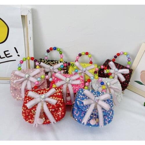 New Children Little Girls Tote Purse Lightweight Crossbody Purse Shiny Sequin Clutch with Bead Handle