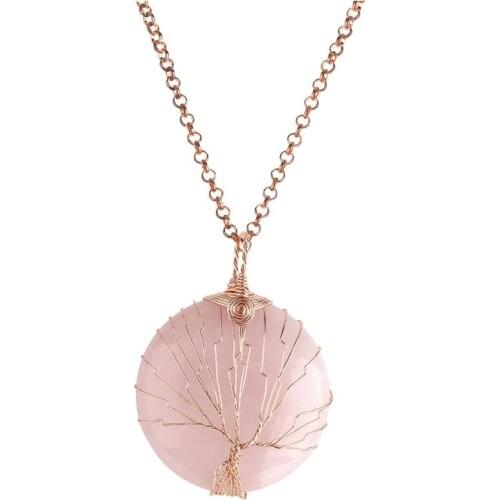 FYSL Rose Gold Color Wire Wrap Pink Quartz Round Pendant Link Chain Necklace Tree of Life Jewelry