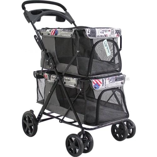 Portable Folding Double-layer Pet Stroller for 2 Dogs with Large Space Four-wheeled Double Dog Strollers Sale Outdoor Travel